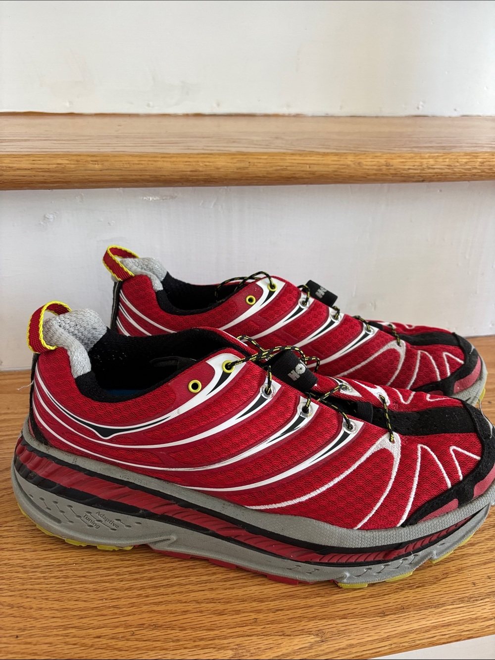 Hoka One One Red Black Athletic Shoes with Yellow Accents - Picture 4 of 9